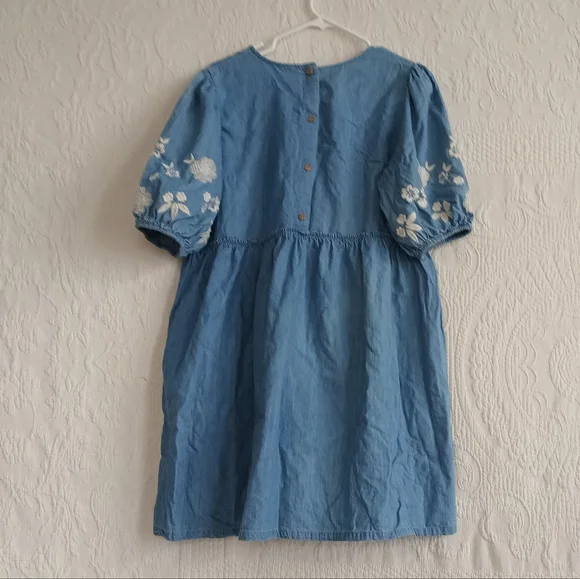 Denim Puff Sleeve Embroidered Midi Dress Babydoll Lightwash Modest Cute Sundress - Picture 6 of 9